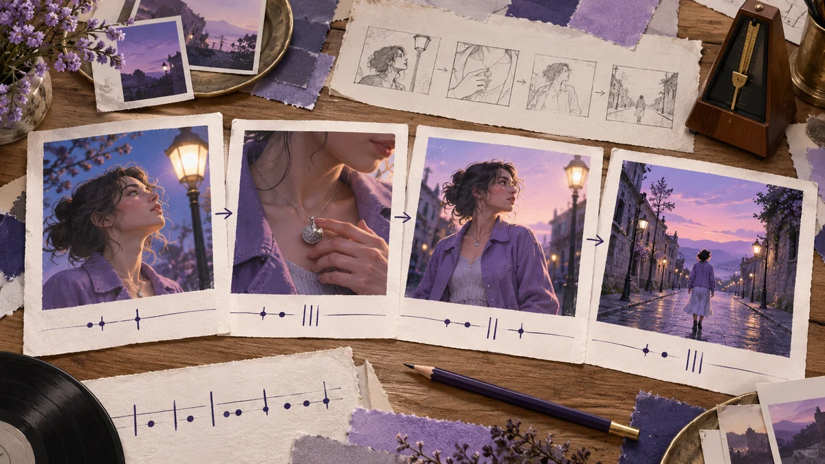 Illustrated storyboard cards showing a lavender-jacketed character, a pendant close-up, a turn toward light and an empty street