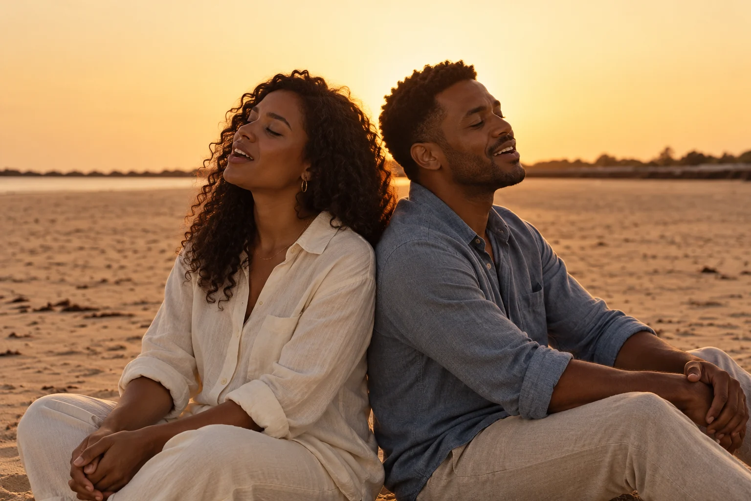 AI concept of two adults seated back-to-back on sand in warm sunset light