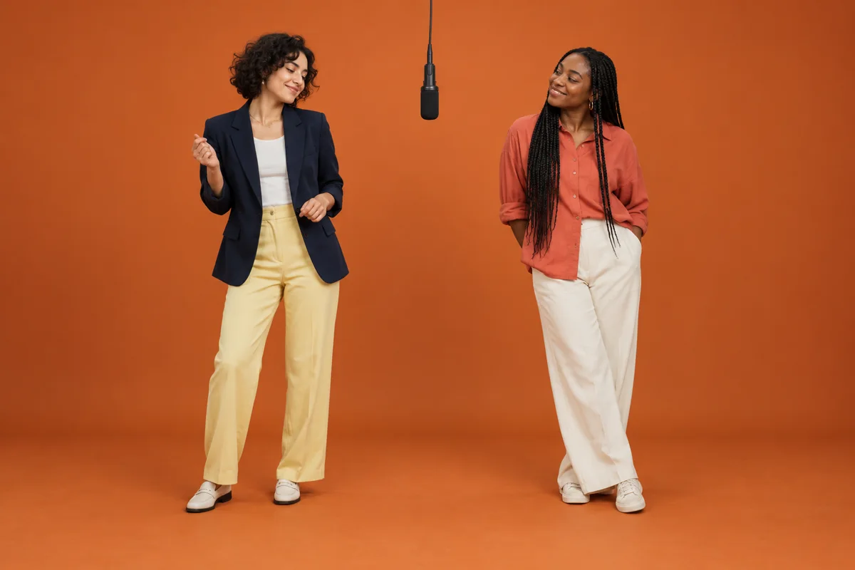 Two fictional adults perform in an orange studio with a hanging microphone