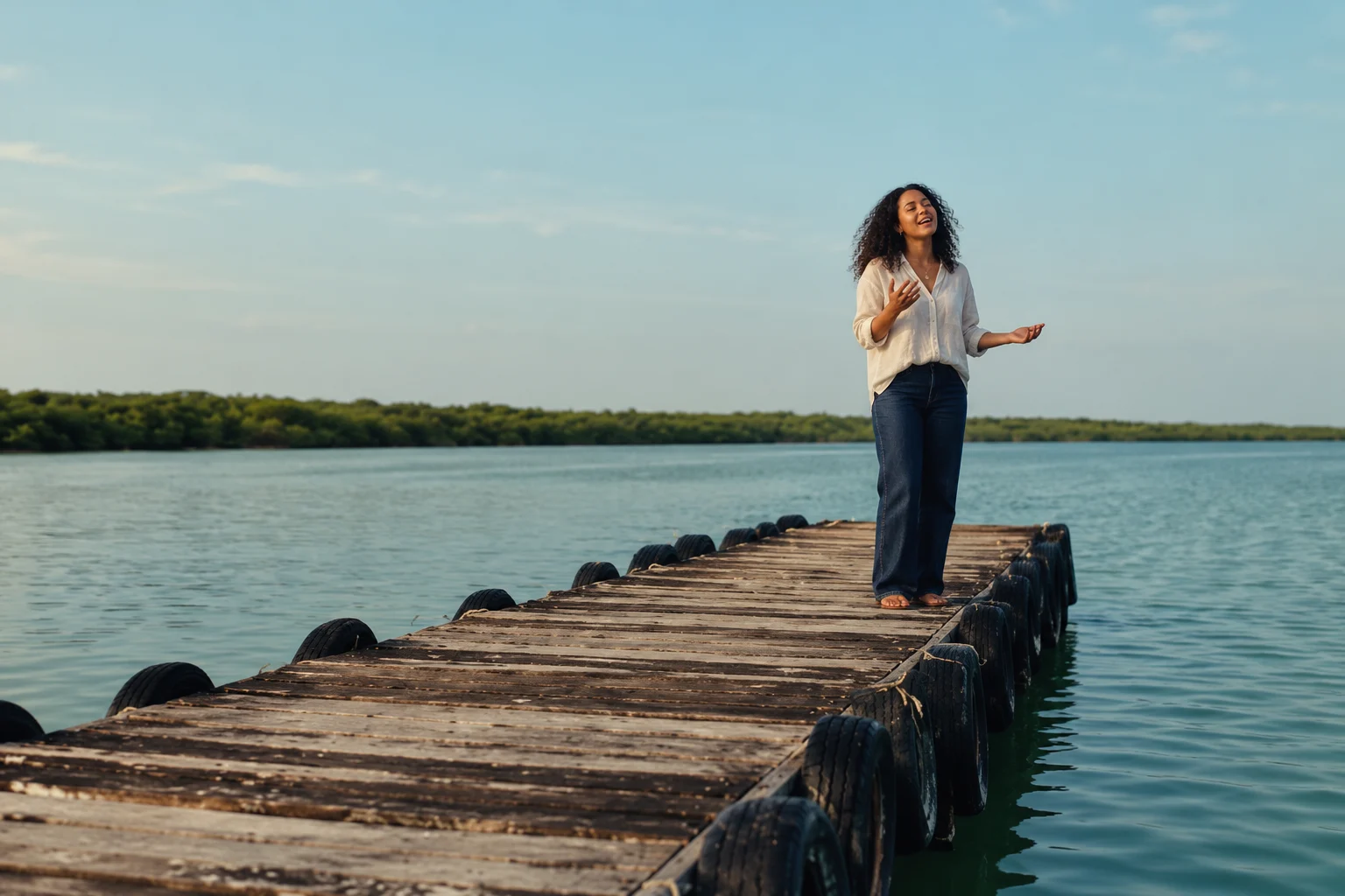 AI concept of an adult singer on a tire-lined wooden pier over a calm lagoon