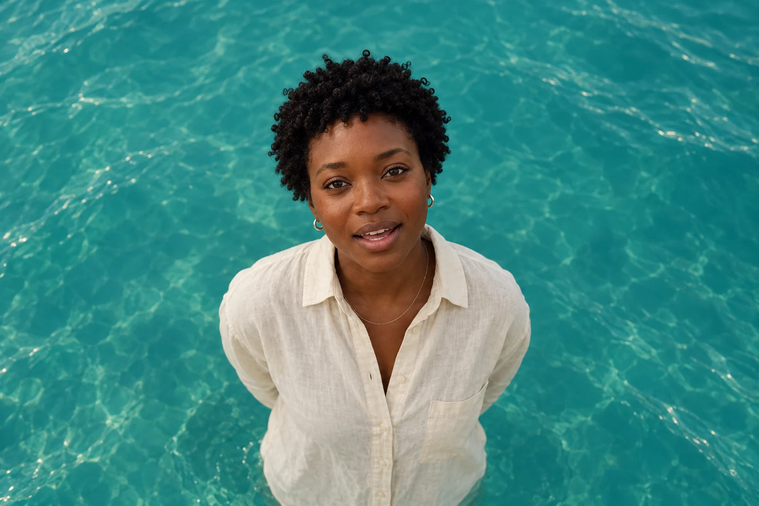AI concept of an adult singer photographed from above against turquoise lagoon water